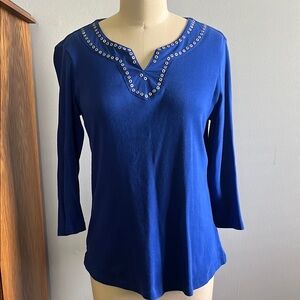 Karen Scott Blue Embellished 3/4 Sleeve Top